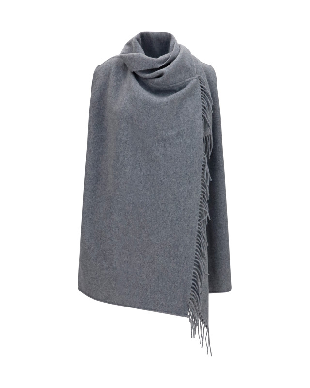 High-neck wool Cape with concealed closure and fringes