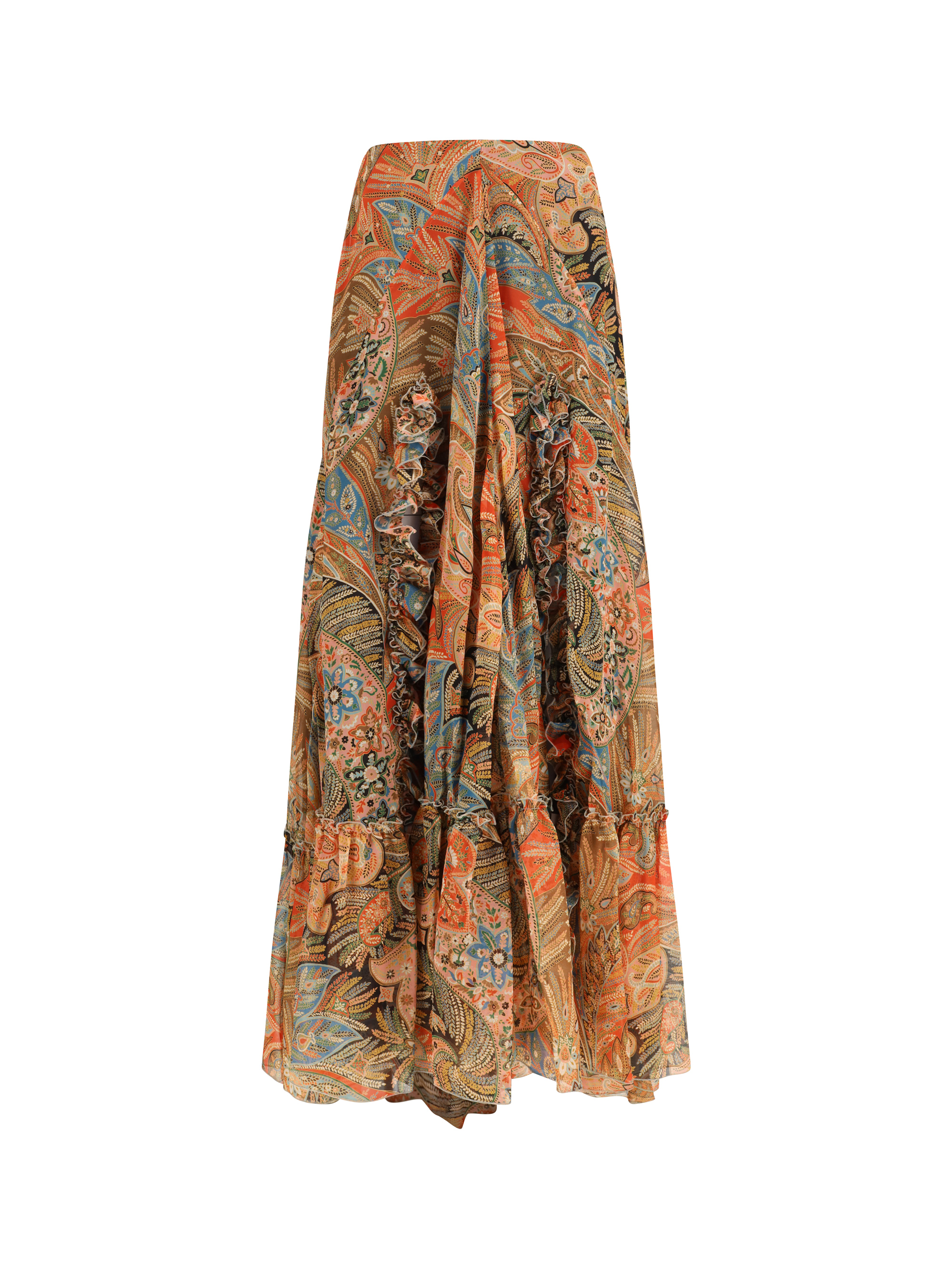 Silk long Skirt with flounce and paisley motif