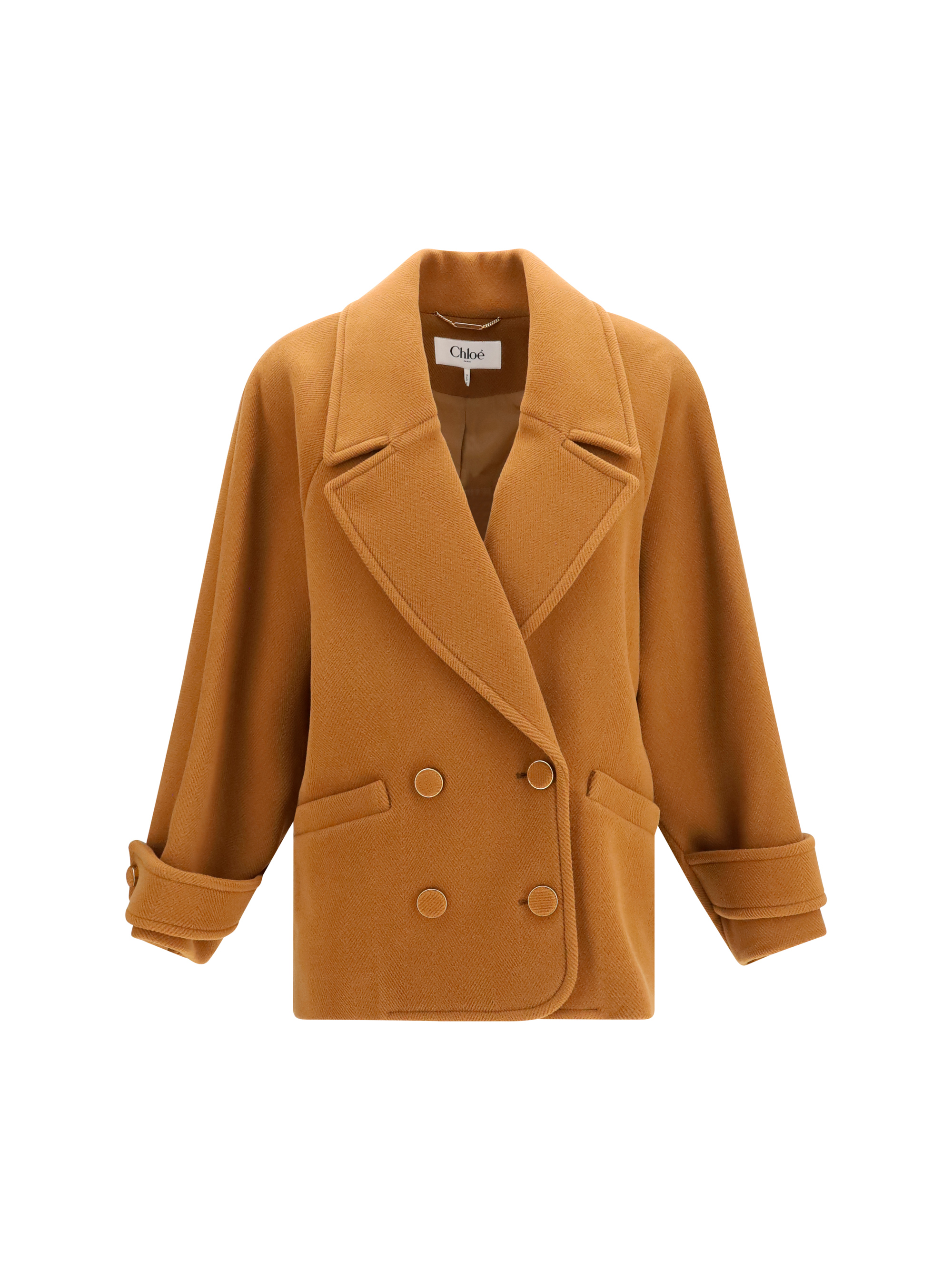Double-breasted herringbone wool short Coat