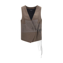 Vest in washed silk and virgin wool with jacquard pattern and ties