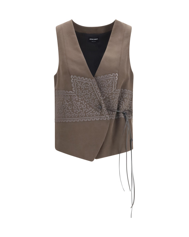Vest in washed silk and virgin wool with jacquard pattern and ties