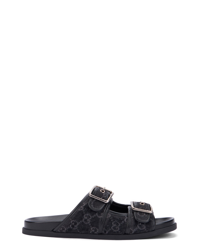 Denim slider sandal with buckles